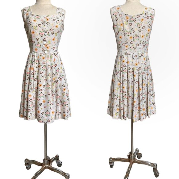 70s Vintage Novelty Print Dirndl Folk Dress Heart Pattern Twee Cottage Peasant. - Picture 3 of 13